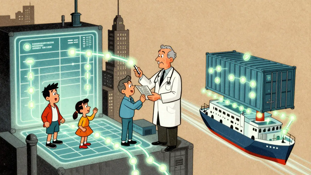 Illustration showing tokens connecting energy, healthcare, and logistics systems in a futuristic city.