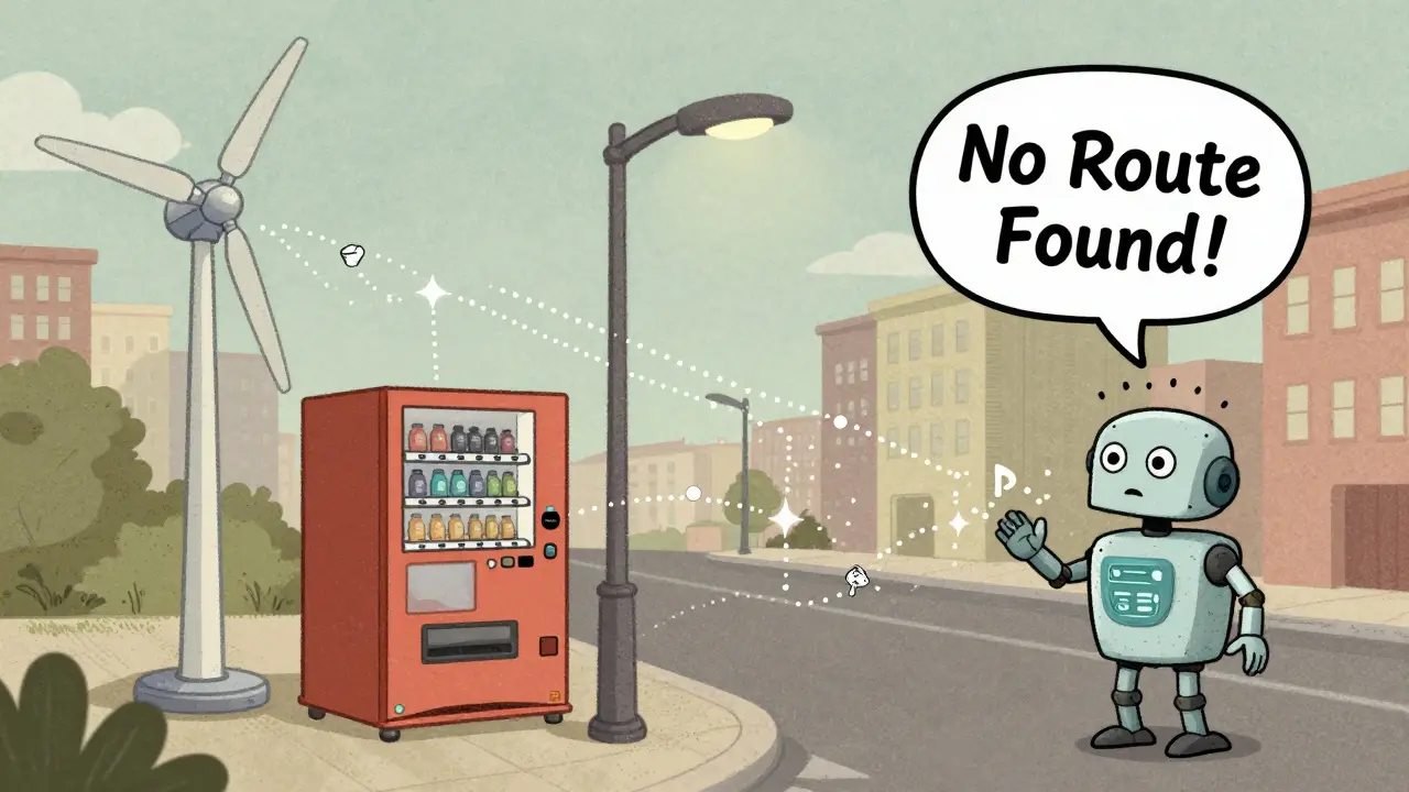 IoT devices exchanging payments through sparkling lines in a whimsical city scene.