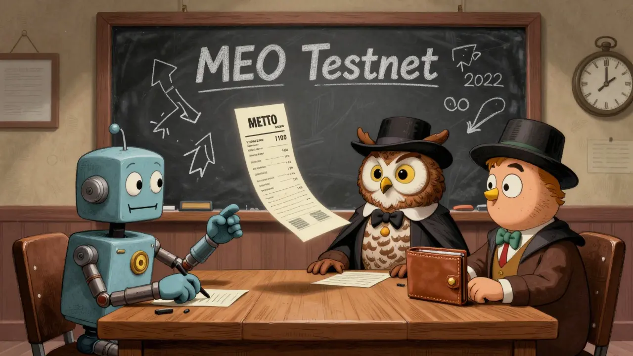 Quirky cartoon judges reviewing a crypto payment dispute on a chalkboard labeled 'MEO Testnet'.