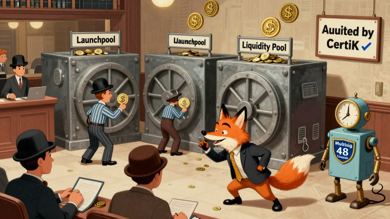 Retro-style DeFi floor with investors staking tokens in mechanical vaults, a fox stealing from a pool, and a guard with a clock.