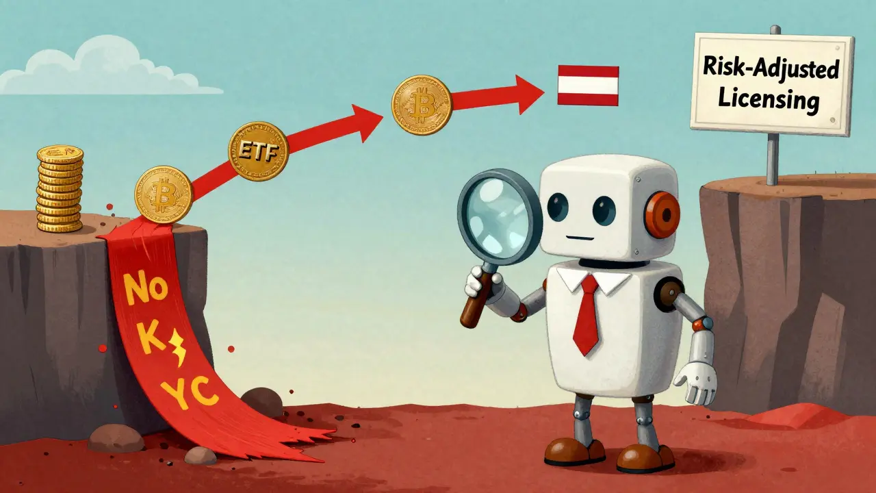 Singapore robot inspector with crypto assets connecting to Asia, enforcing risk-based licensing rules.