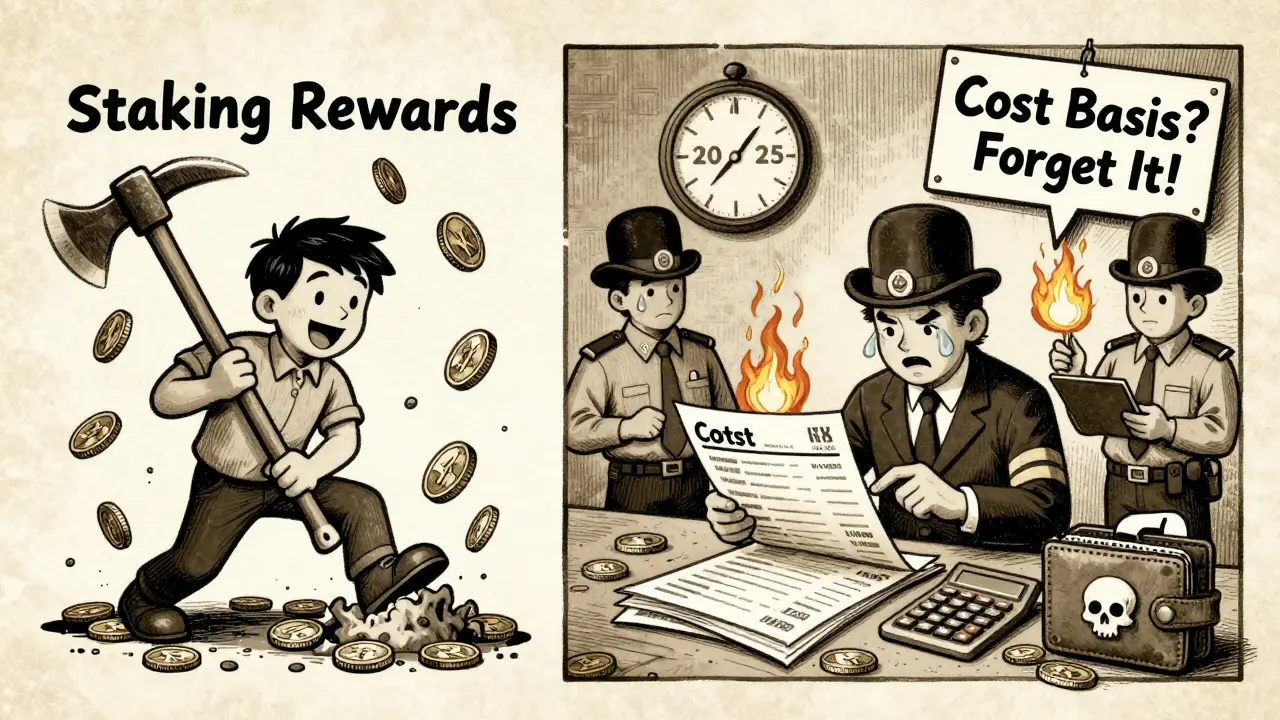 Split scene: mining crypto on one side, taxed heavily on the other, with a ticking 2025 clock in vintage cartoon style.