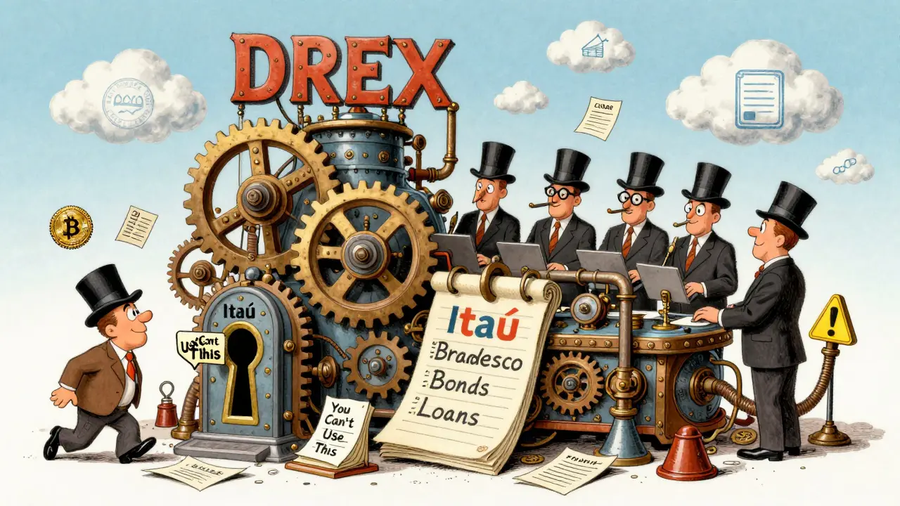 Steampunk DREX machine operated by bankers while a curious citizen watches from outside