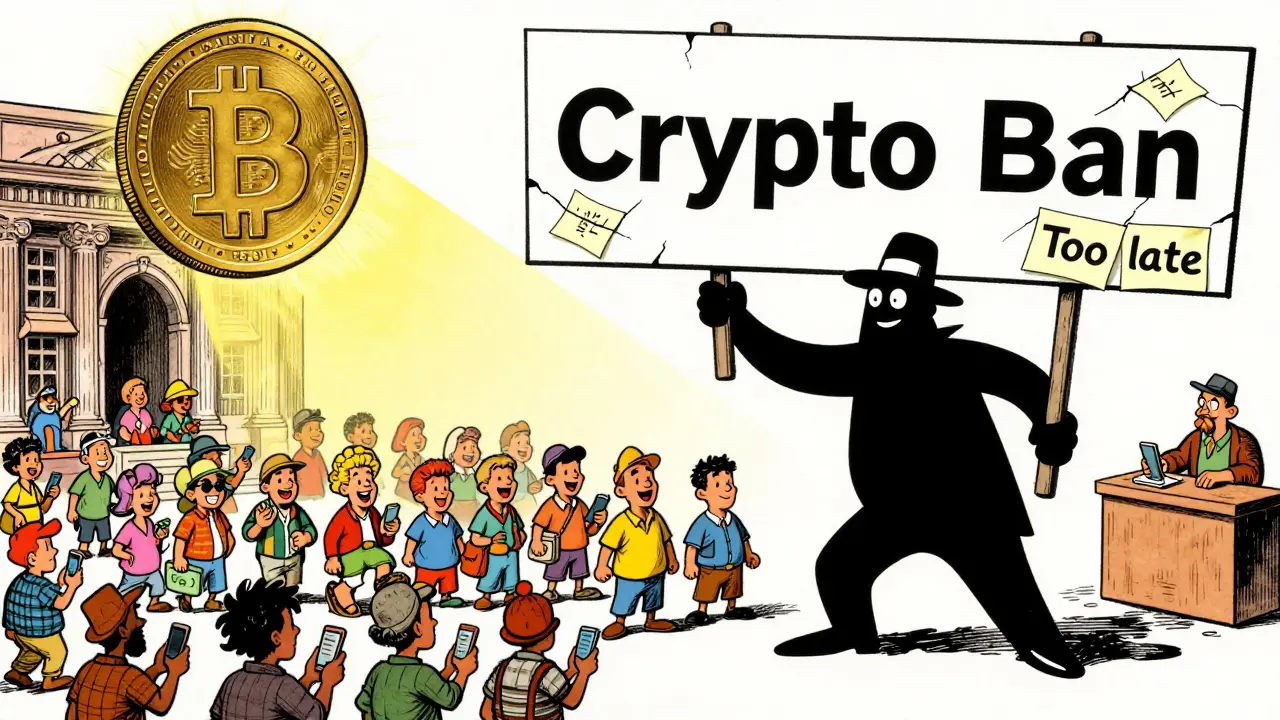 Tiny citizens bypass a giant 'Crypto Ban' sign using smartphones and cash, while a USDT coin shines above.
