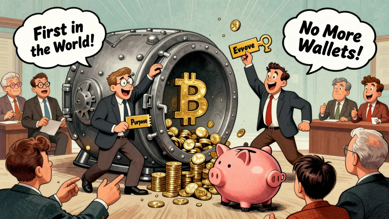 Two fund managers unlocking a Bitcoin vault that fills tax-advantaged savings accounts with digital coins.