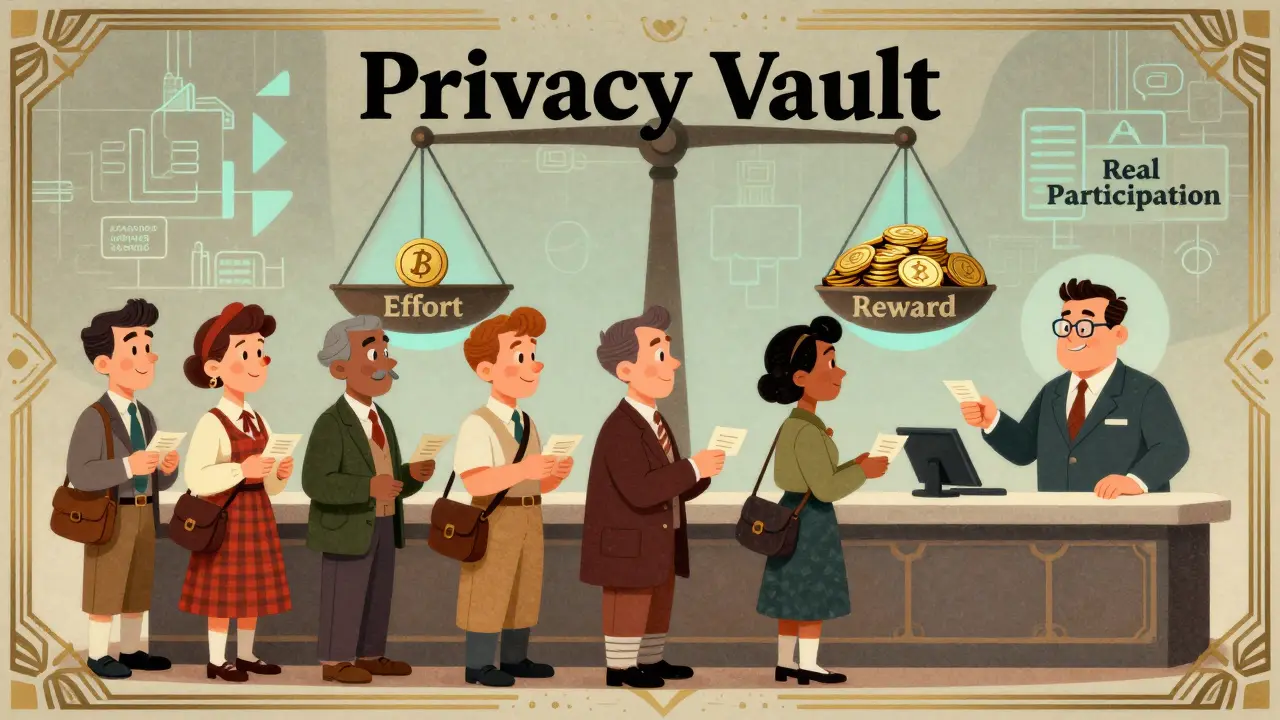 Users exchanging cryptic notes at a privacy vault counter in 1940s cartoon style.