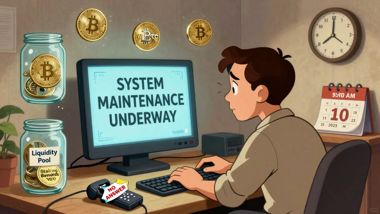 Worried trader facing a frozen screen with trapped crypto coins and broken support phone.