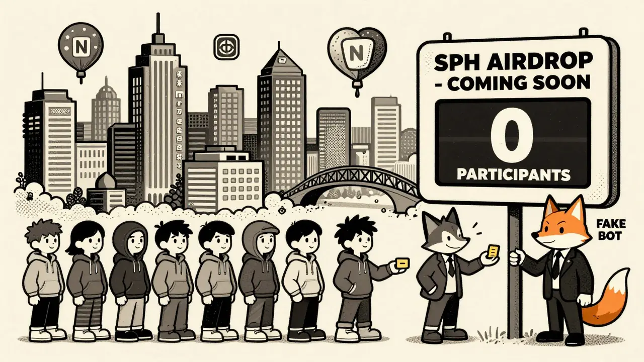 A DeFi city with people waiting for an airdrop that hasn't started, while a fox tries to steal a seed phrase.