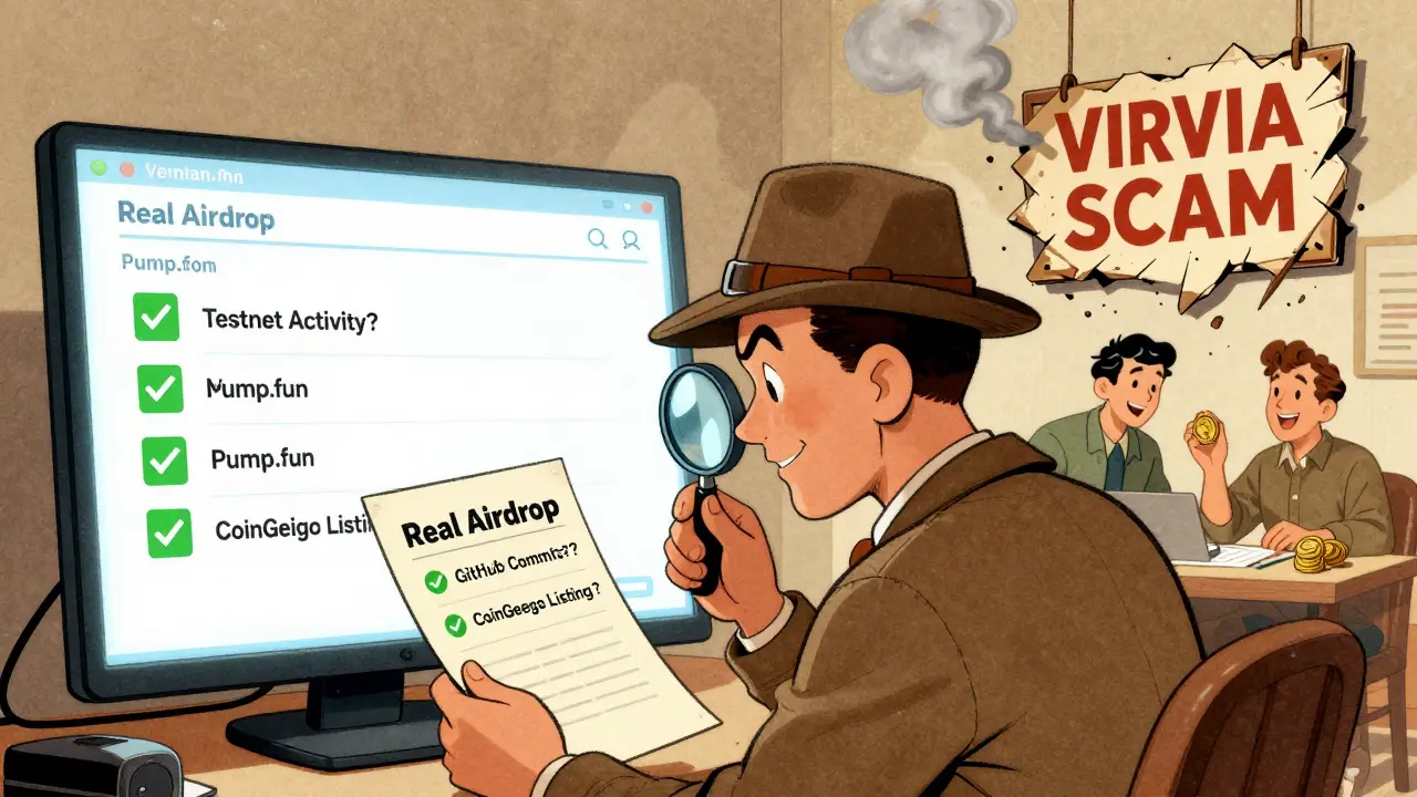 A detective examines a checklist for real airdrops, while a scam sign crumbles behind them.