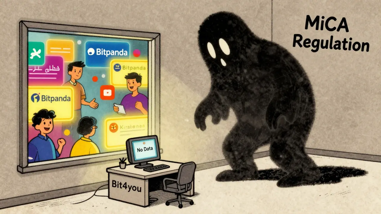 A ghostly regulation shadow looms over a tiny, silent Bit4you office while thriving exchanges glow nearby.