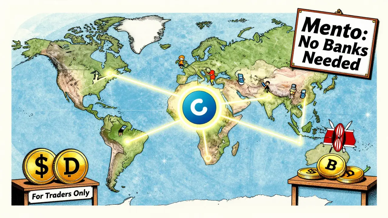 A global map shows local currency connections to a blockchain hub, while traditional stablecoins sit unused on a shelf.