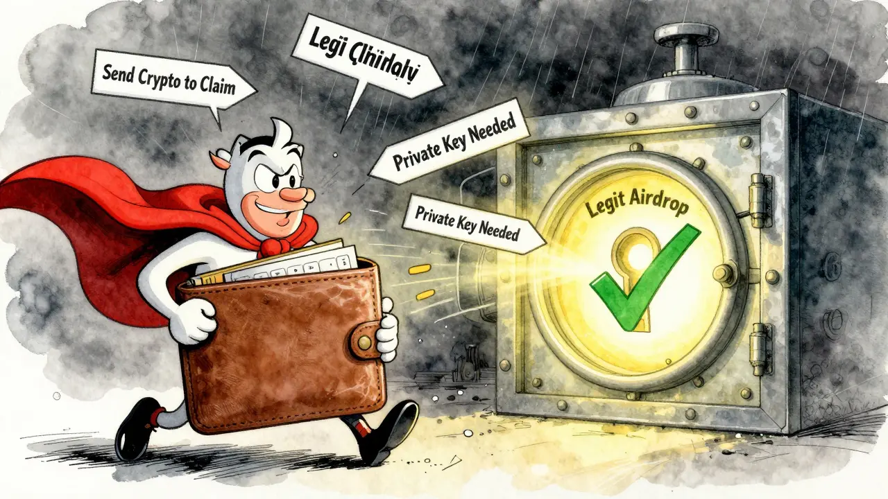 A heroic wallet dodging phishing arrows toward a verified airdrop vault.