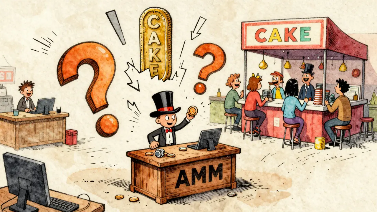 A lone trader overwhelmed by chaos at a broken DEX, while a thriving PancakeSwap booth towers in the background.