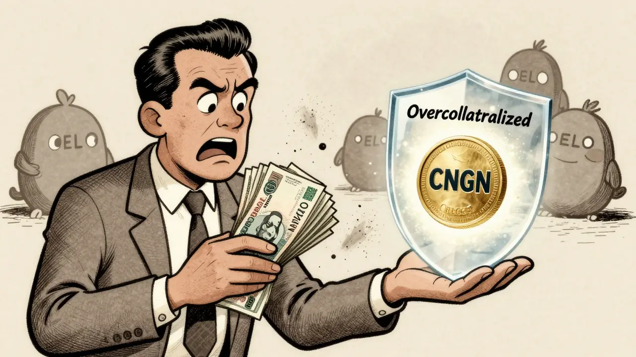 A man watches Nigerian cash turn to dust while a secure cNGN coin glows safely in his hand, protected by digital shields.