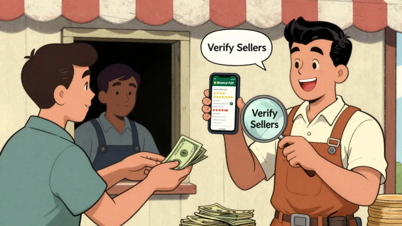 A peer-to-peer crypto trade at a market stall with verified seller and cash exchange.