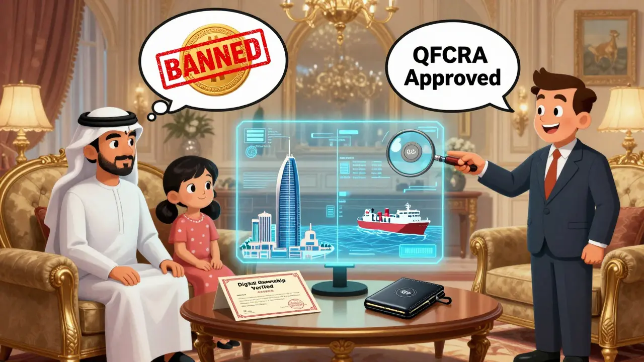 A Qatari family views legal digital assets on a hologram, ignoring banned cryptocurrency.