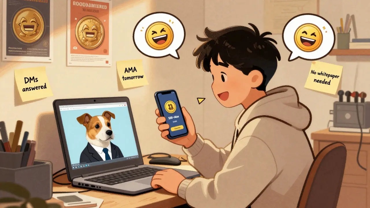 A quirky crypto influencer surrounded by memes and notifications, working on a viral meme from their desk.