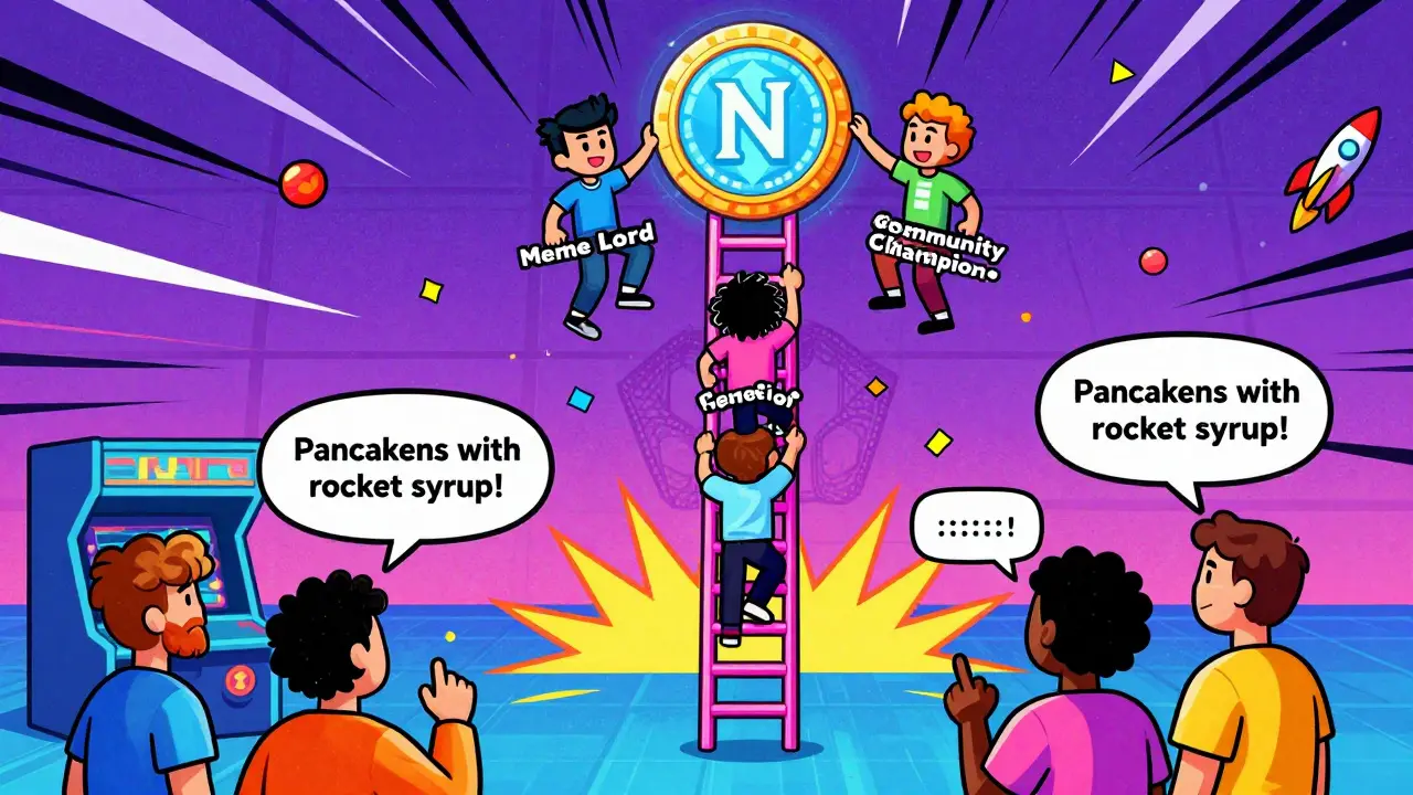 A retro arcade-style leaderboard with cartoon community members climbing toward an NFT badge.