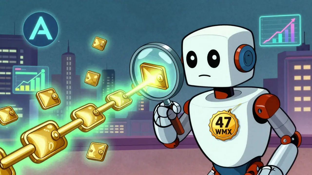 A robot scans blockchain addresses, revealing one glowing with 47 WMX tokens in retro comic style.