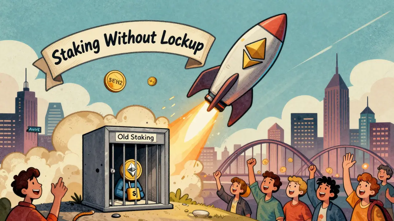 A rocket fueled by sETH2 tokens launching into space, while locked ETH stays behind in jail.