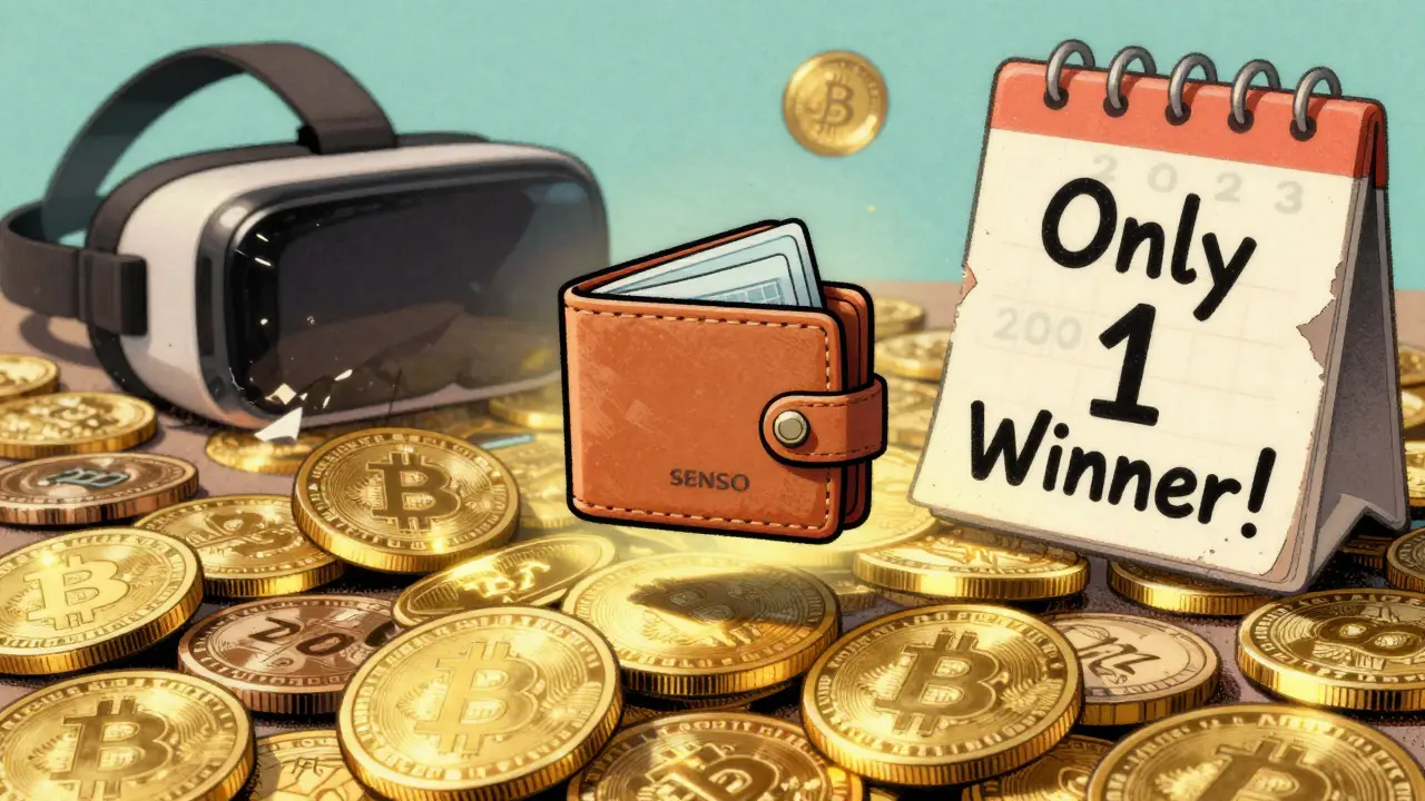 A tiny SENSO wallet floats among massive tokens from other crypto projects, with a 'Only 1 Winner!' sign and a broken VR headset nearby.