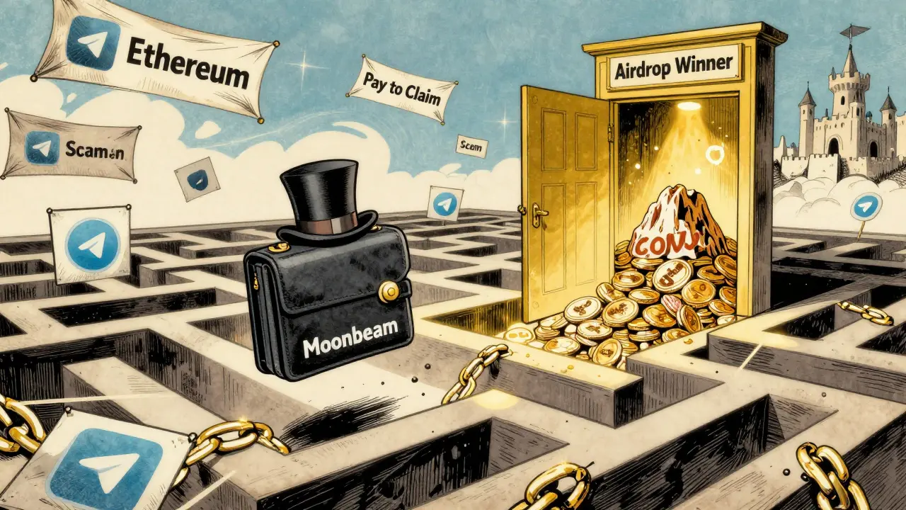 A tiny wallet navigating a blockchain maze toward a golden airdrop door.