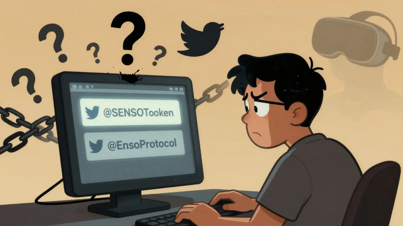 A user stares at two confusing Twitter handles, one glowing and one faded, surrounded by question marks and a disappearing VR headset.