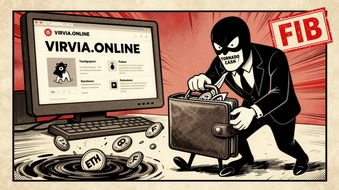 A wallet is being drained by a villain as crypto coins vanish into a dark vortex labeled 'Tornado Cash'.