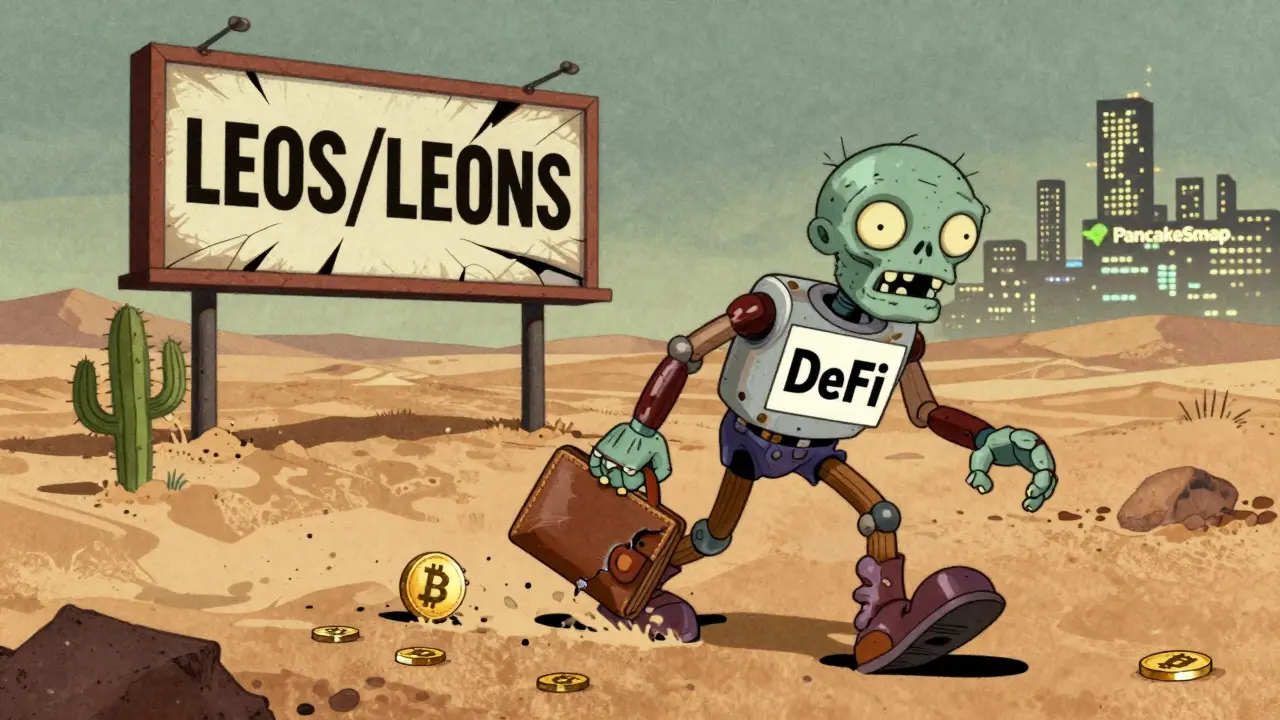 A zombie robot dragging a broken wallet through a desert of abandoned crypto tokens under a crumbling billboard.