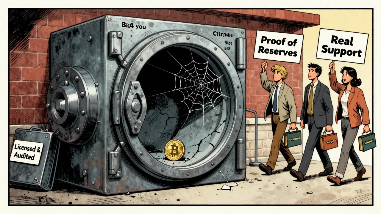 An empty vault with a lone crypto coin inside as users walk away with secure, licensed wallets.