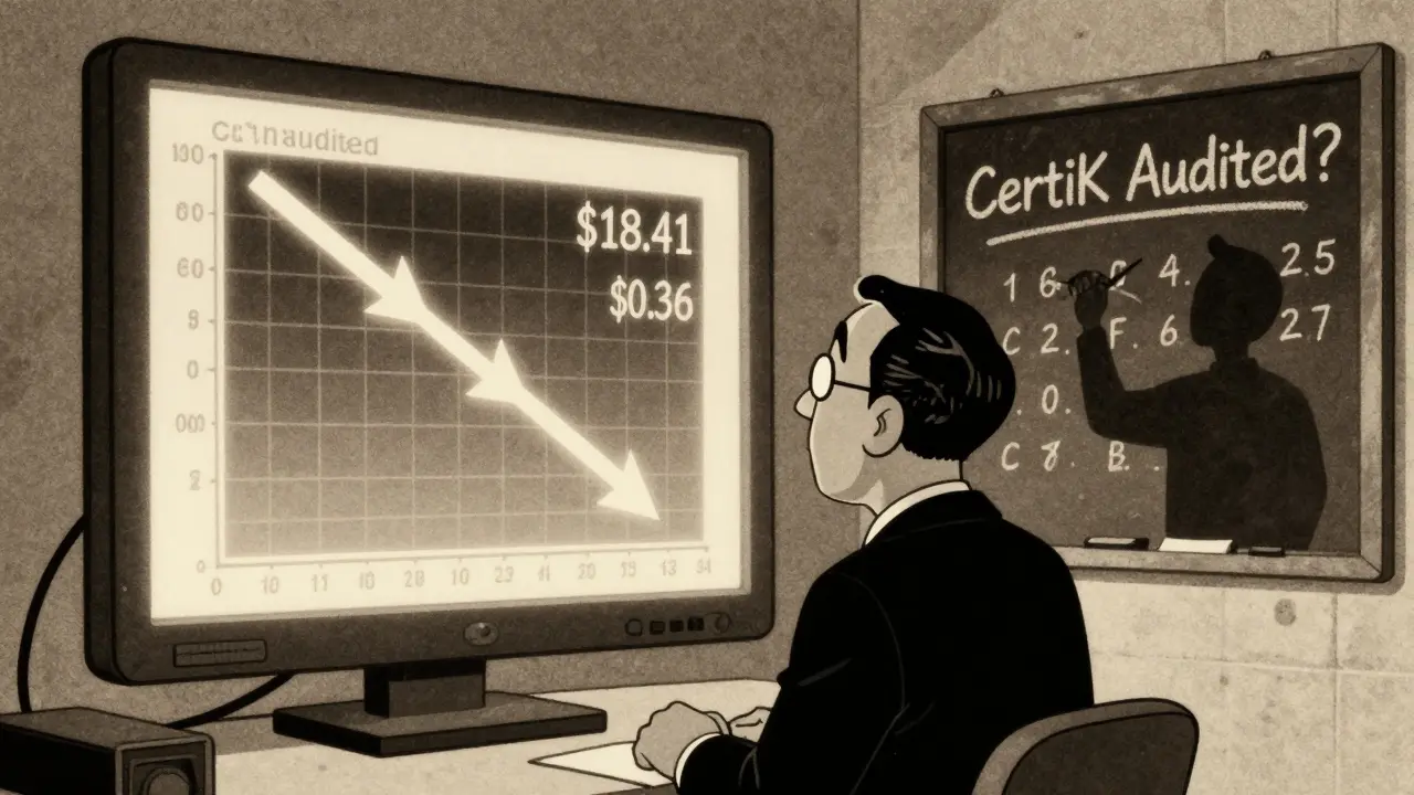 An investor stares at a wildly fluctuating fake price chart while a shadowy figure fakes an audit.