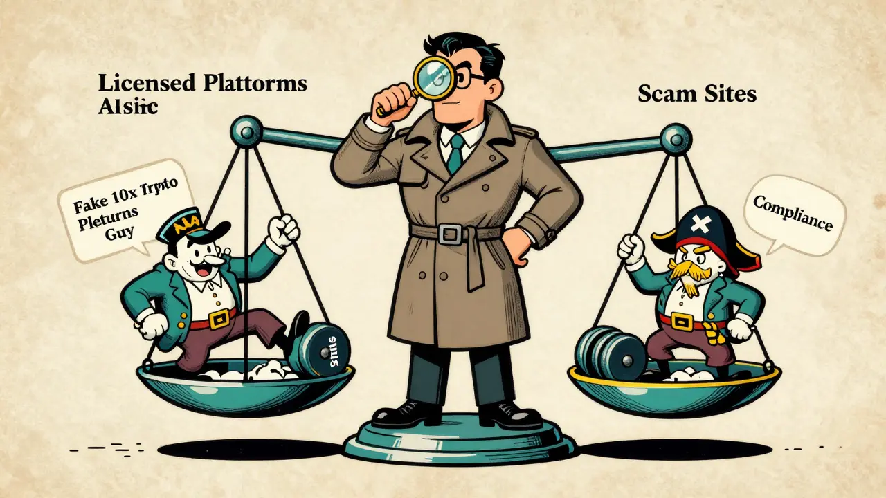 ASIC superhero crushing scam villains under fines and compliance weights.