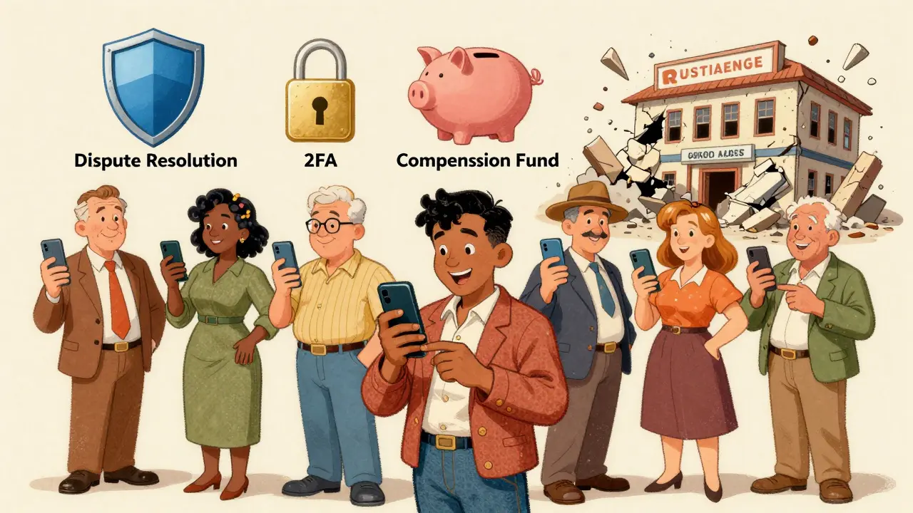 Consumers safely using crypto apps with protection icons, unlicensed exchange collapsing behind them.