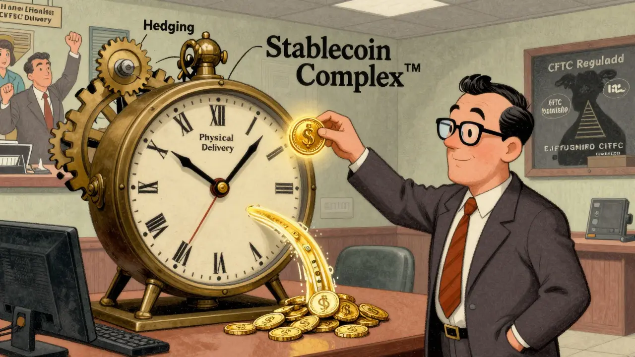 Corporate executive feeds USDC into a mechanical Stablecoin Complex™ clock with gears turning smoothly.
