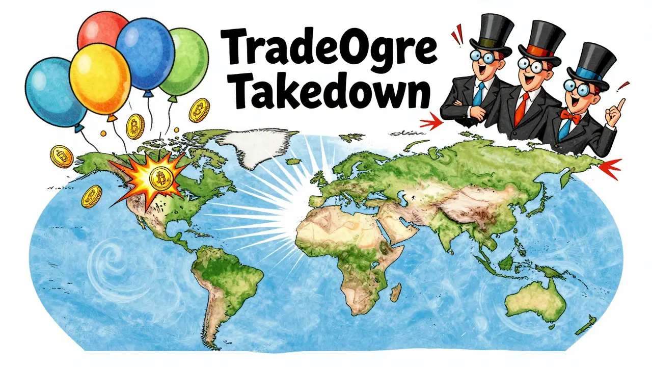 Global map showing TradeOgre takedown shockwaves causing anonymous crypto exchanges to pop like balloons.