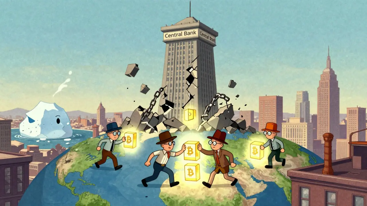 Glowing blockchain nodes passing data across the globe, central tower crumbling behind them.