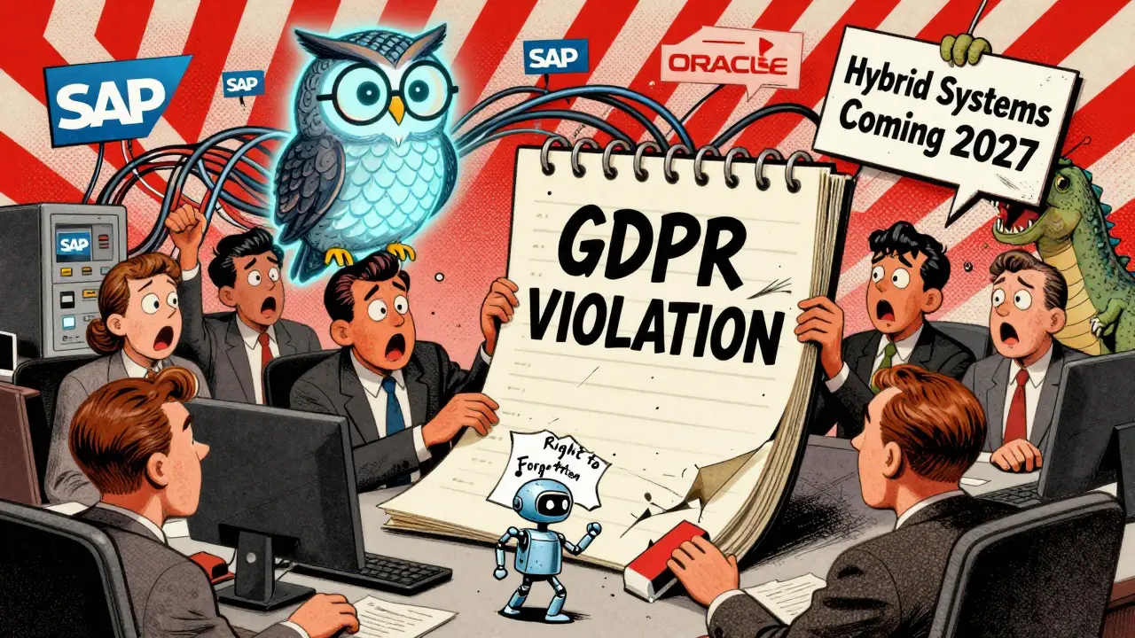 Office workers panic as a ledger crumbles under GDPR warnings, while an AI owl watches and tangled legacy systems loom in the background.
