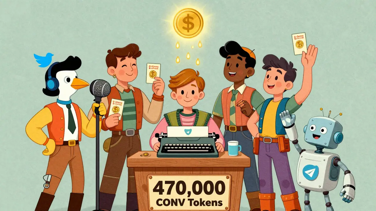 Retro-styled crypto fans celebrating around a podium as CONV tokens rain down.