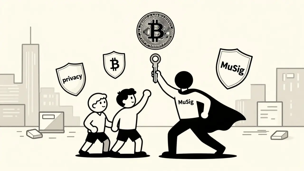 Sleek Schnorr signature merging three users into one private Bitcoin transaction