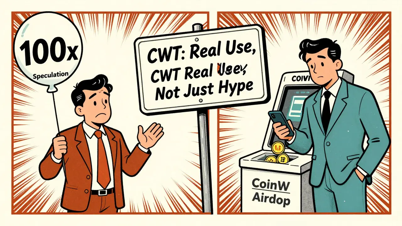 Split scene: skeptical investor vs. practical user earning small crypto rewards at an ATM.