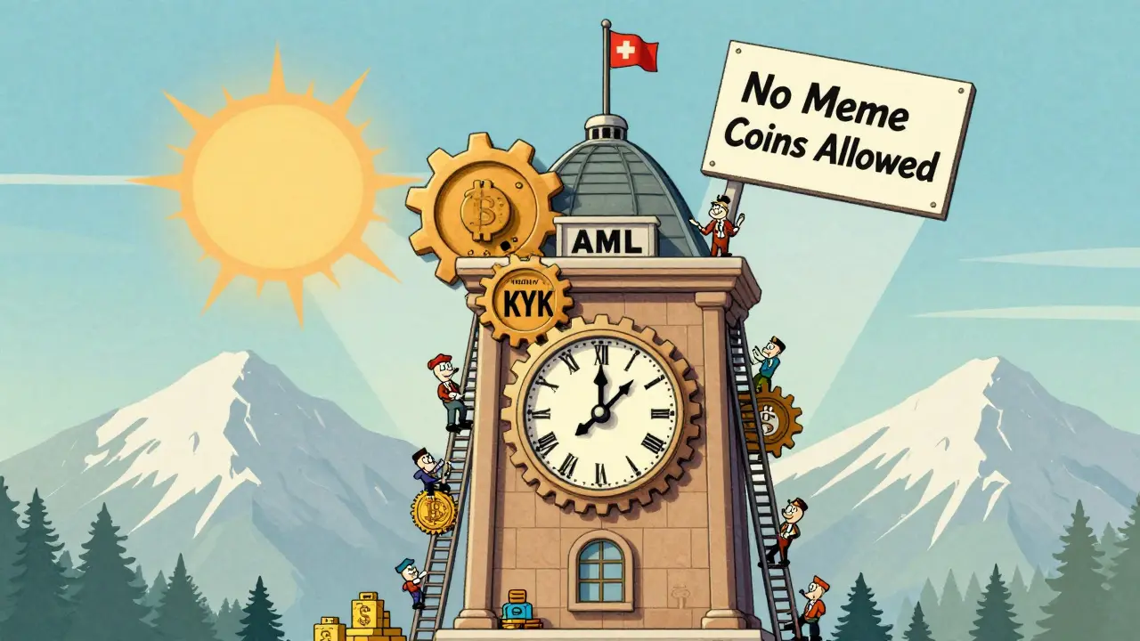 Swiss clocktower with AML gears and crypto businesses climbing toward stability in vintage style
