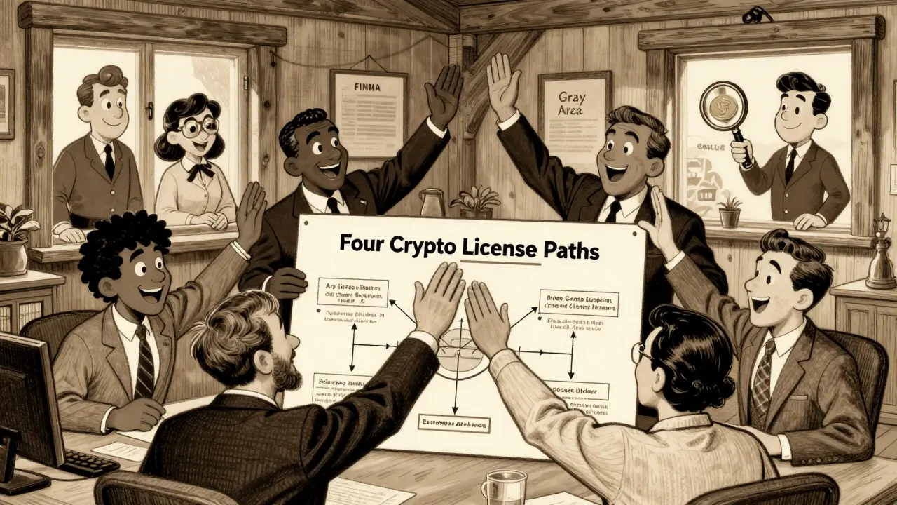 Team celebrating crypto license paths in a Swiss office with FINMA regulators watching