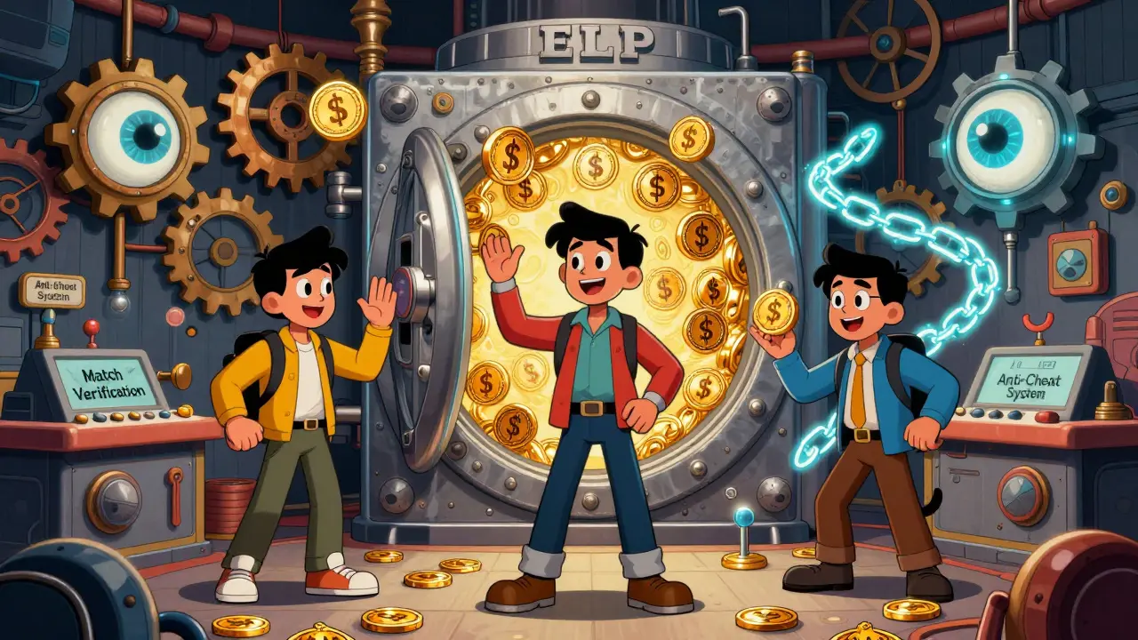 Three characters stake ELP tokens in a steampunk blockchain vault with glowing gears and AI eyes.