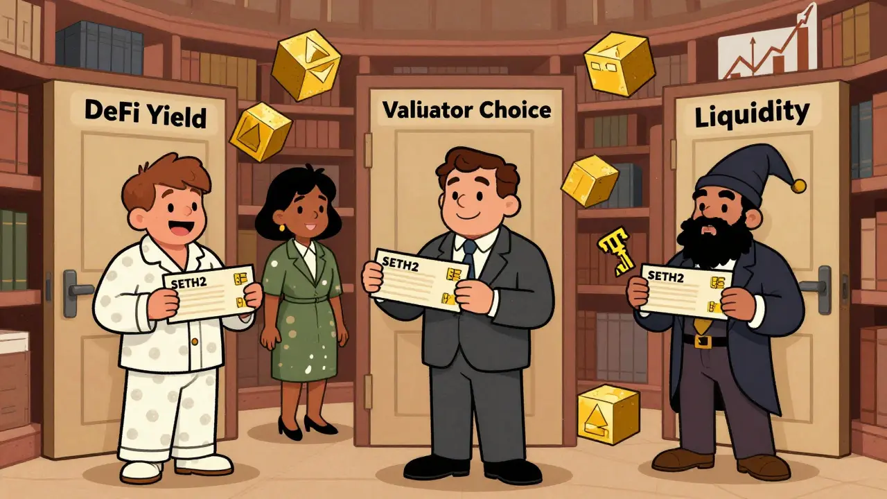 Three characters using sETH2 receipts to unlock DeFi opportunities in a whimsical library.