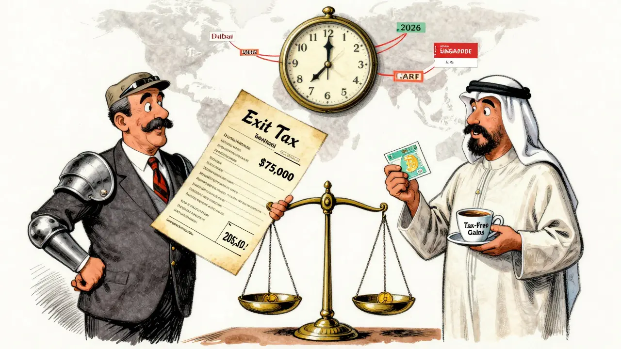 Two men on a scale: one paying heavy exit tax, the other enjoying tax-free crypto gains in Dubai with CARF data flowing between nations.