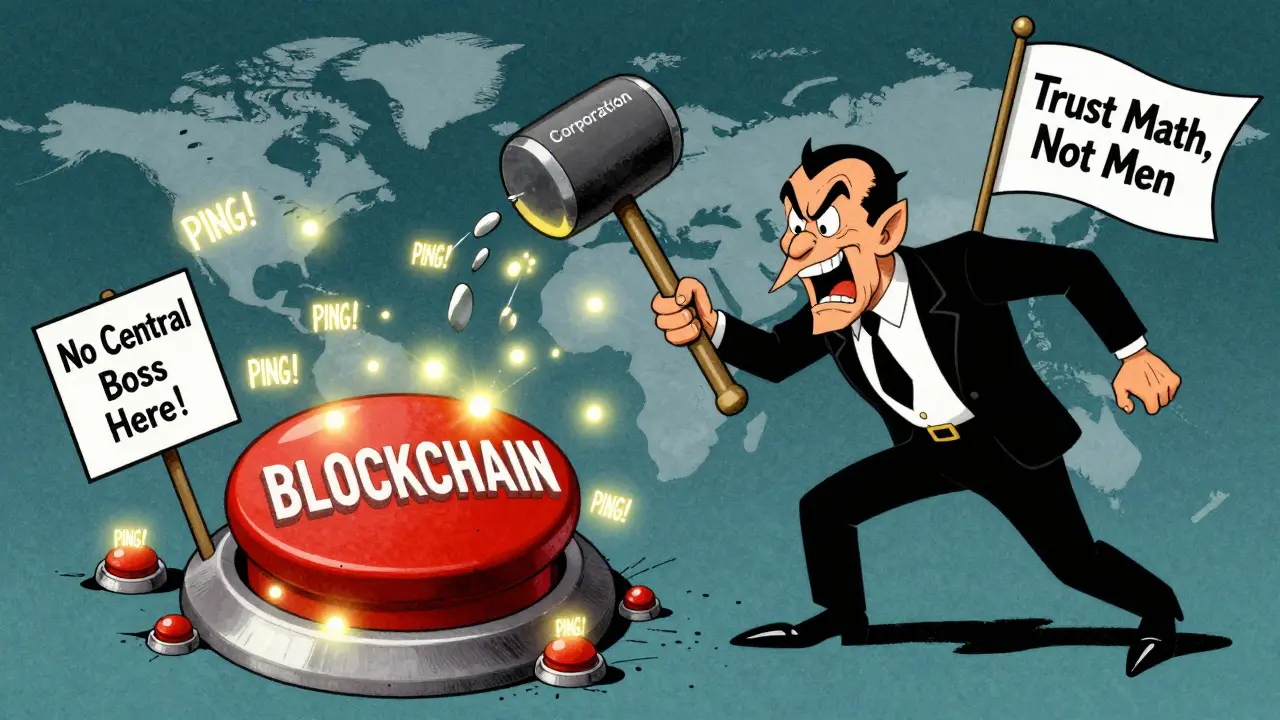 Villain trying to smash a blockchain button, but nodes worldwide bounce the mallet back.