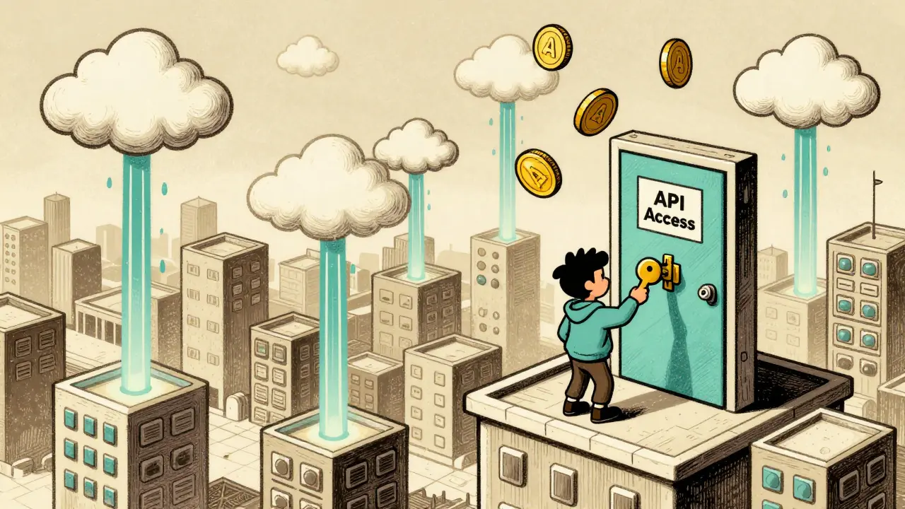 A cartoon developer unlocks API access in a whimsical blockchain city with floating tokens.