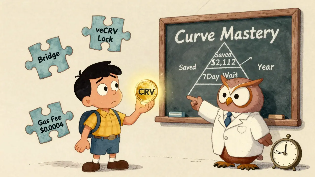 A confused user faces puzzle pieces labeled 'veCRV' and 'Bridge' while an owl points to a pyramid showing ,112 saved.