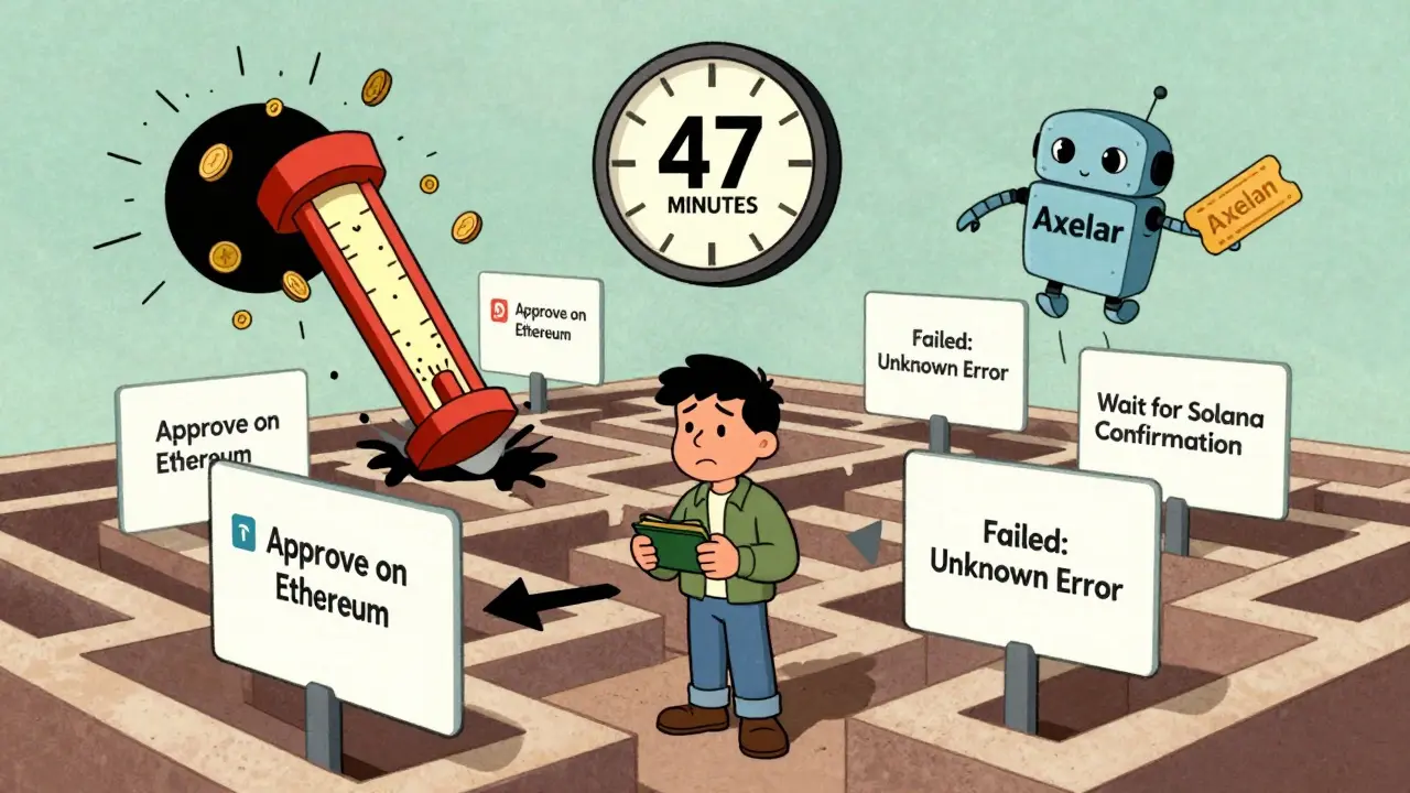 A confused user lost in a maze of cross-chain interface errors with a giant clock and gas fees spilling into a black hole.