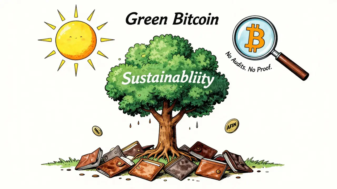 A floating green tree with no roots above empty wallets, symbolizing empty sustainability claims.